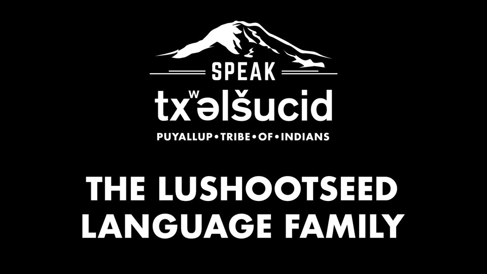 Illustration of Mt. Rainer (Tsehaleh) and the words "Speak Lushootseed, Puyallup Tribe of Indians, Teh Lushootseed Language Family" on a black background.